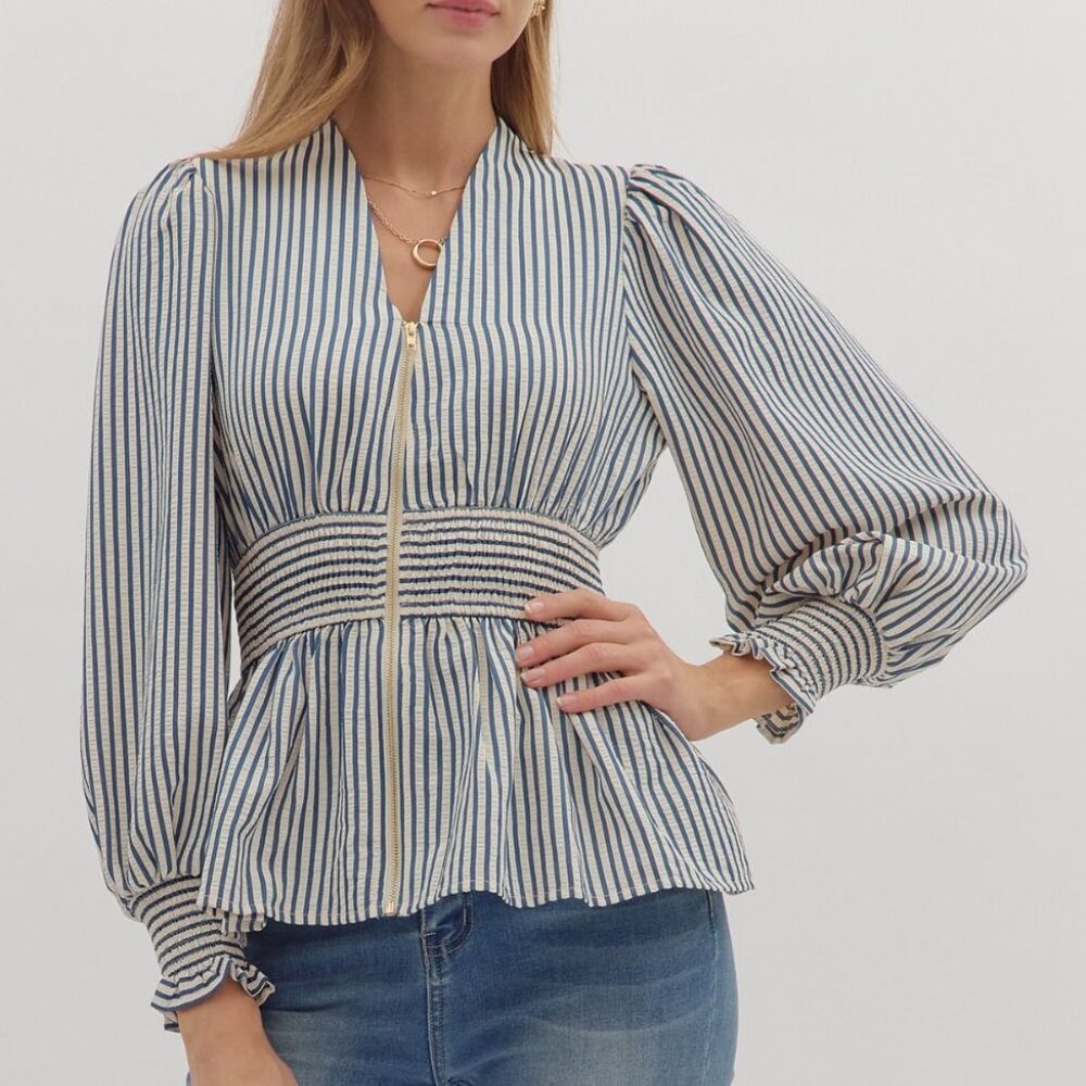 ENTRO BLUE & WHITE STRIPED SMOCKED WAIST ZIPPER TOP